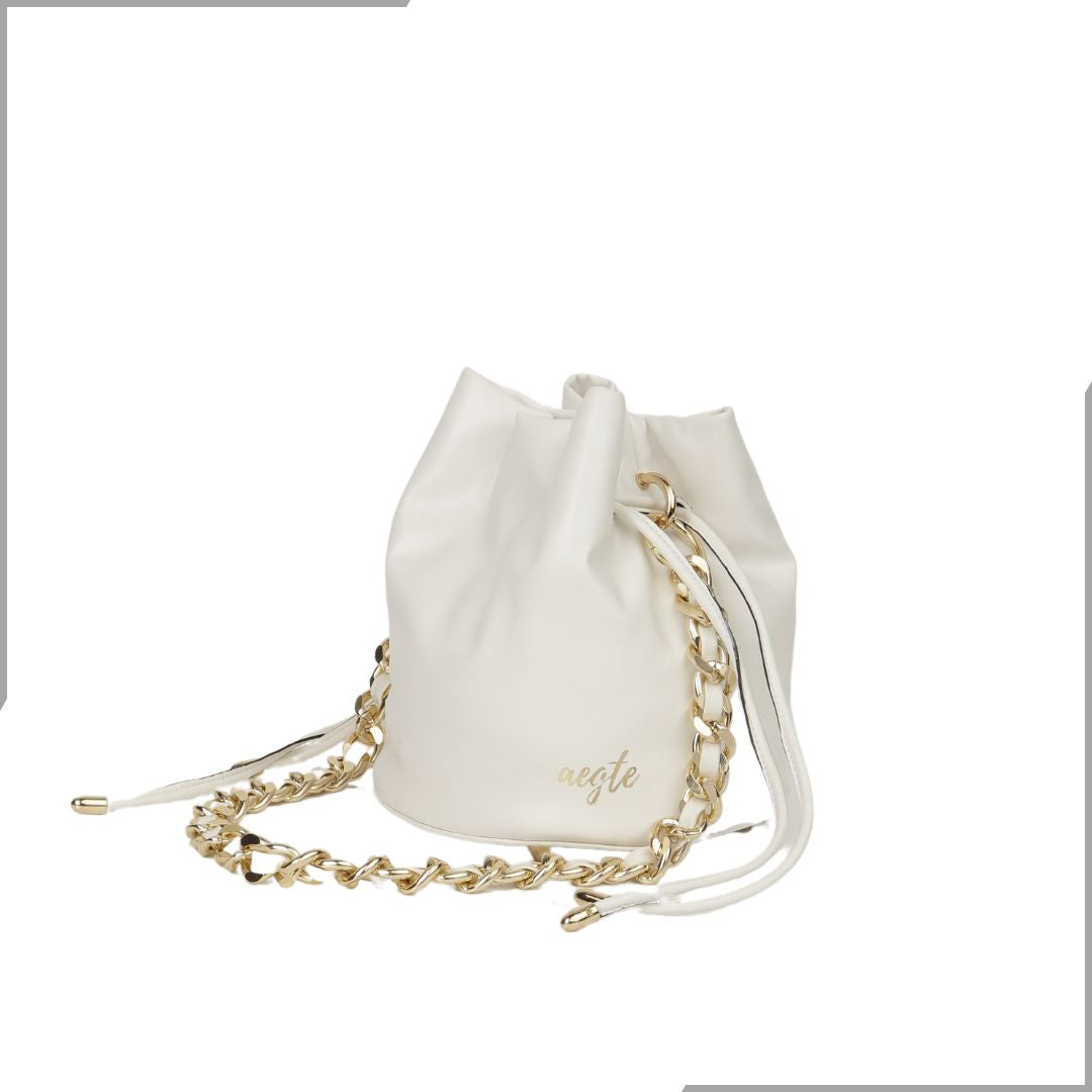 Aegte Feathery White Potli Round Bag with Golden Convertible Chain Strap Long Sling Carry Belt