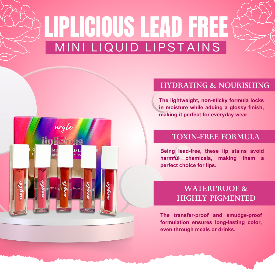 Liplicious Lead Free Mini Liquid Lipstains (Pack of 5) - 5 Shades (Cotton Candy, Cherry Blossom, Cocoa Crush, Coral Kiss & Bloom Rose)