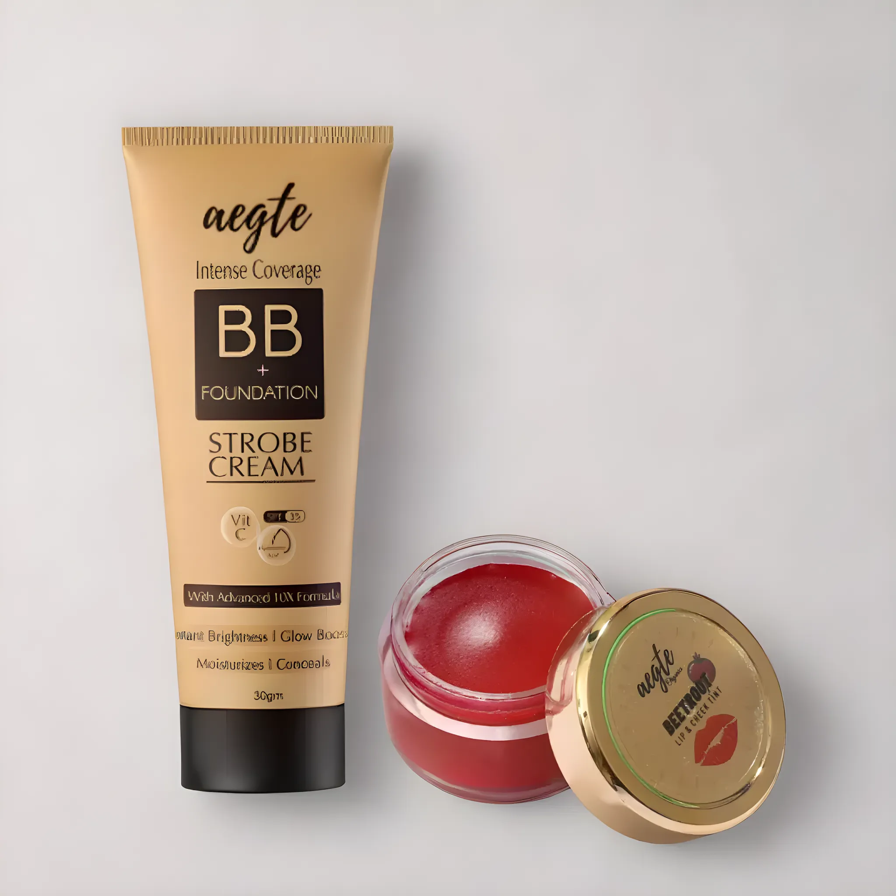 Aegte Intense Coverage BB + Foundation Strobe Cream with SPF 35 & Lip and Cheek Tint Balm