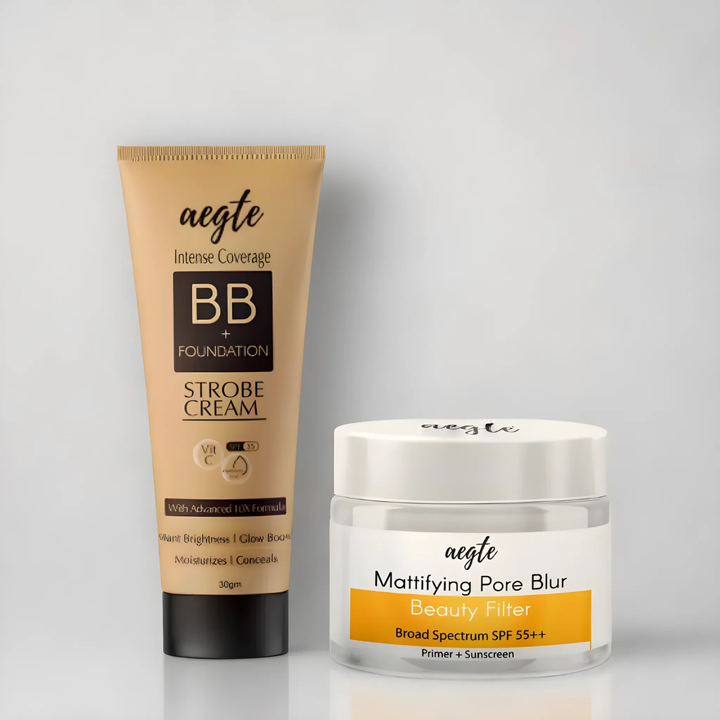 Aegte Intense Coverage BB + Foundation Strobe Cream & Mattifying Pore Blur Beauty Filter Primer + Sunscreen