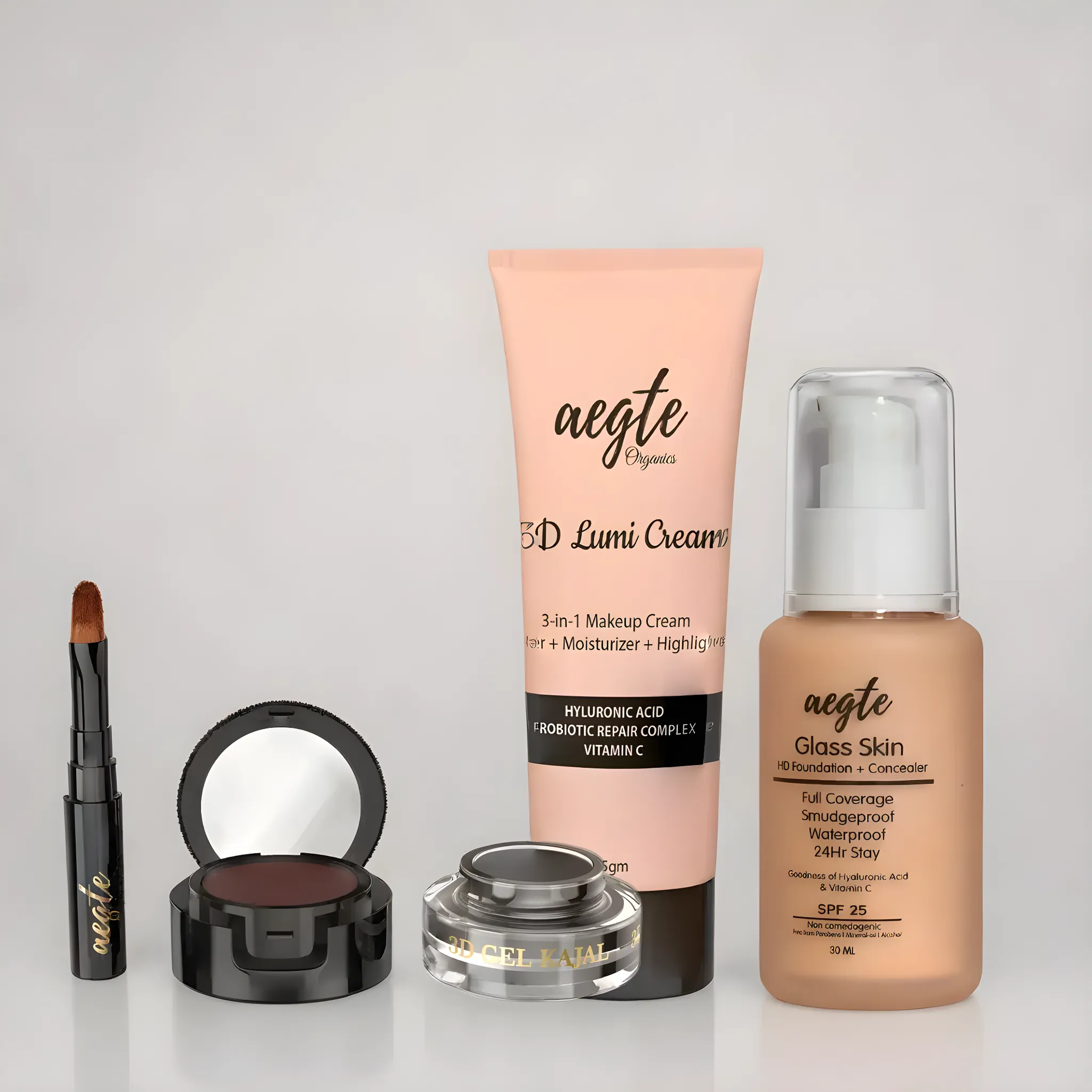 Aegte Combo of 3D Gel Kajal + 3D Lumi Strobe Cream + Glass Skin Liquid HD Foundation