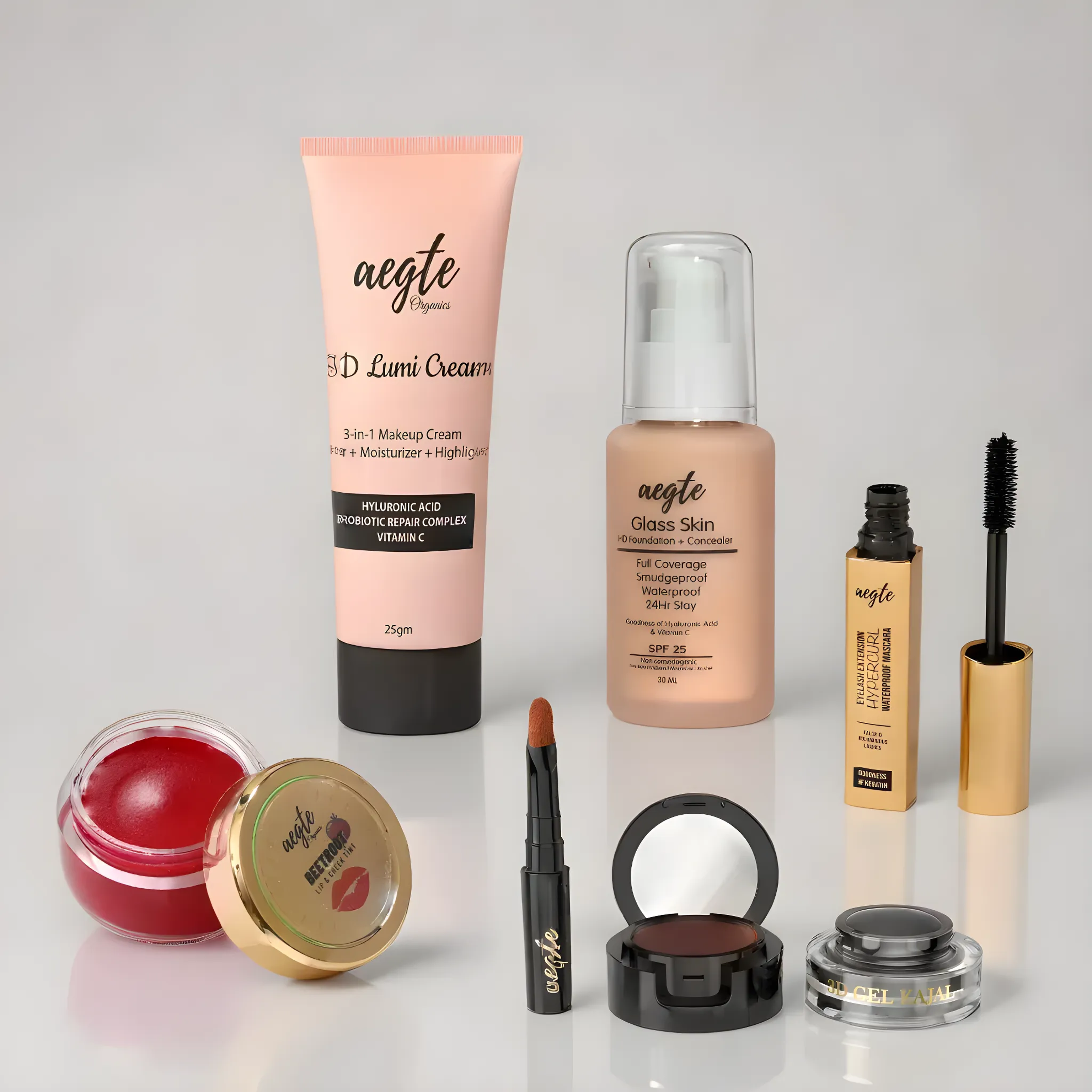 Aegte Glass Skin HD Foundation, 3D Lumi Strobe Cream, Beetroot Lip & Cheek Tint, 3D Gel Kajal & Eyelash Extension Hypercurl Mascara