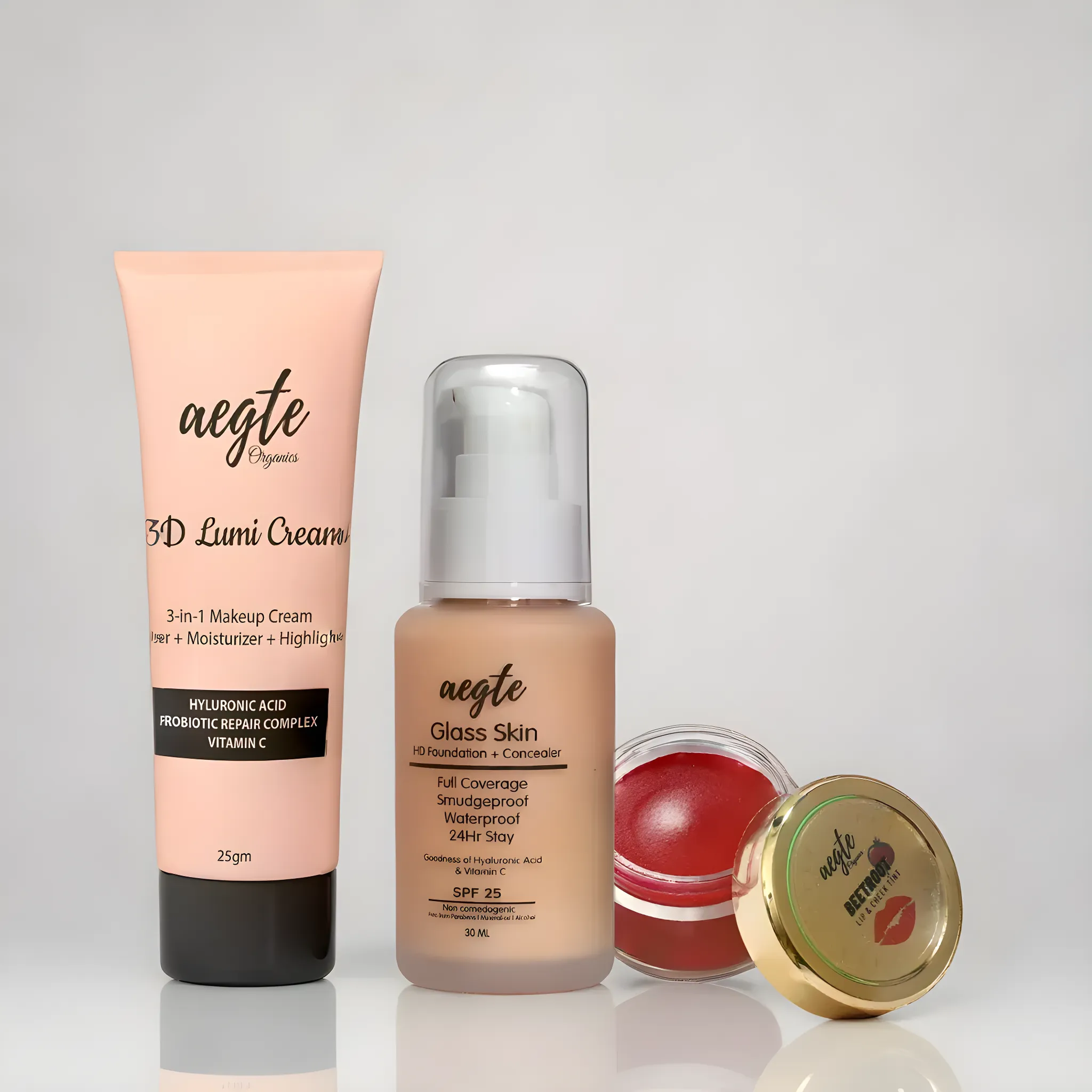 Aegte 3D Lumi Strobe Cream, Glass Skin HD Foundation & Lip & Cheek Tint Balm