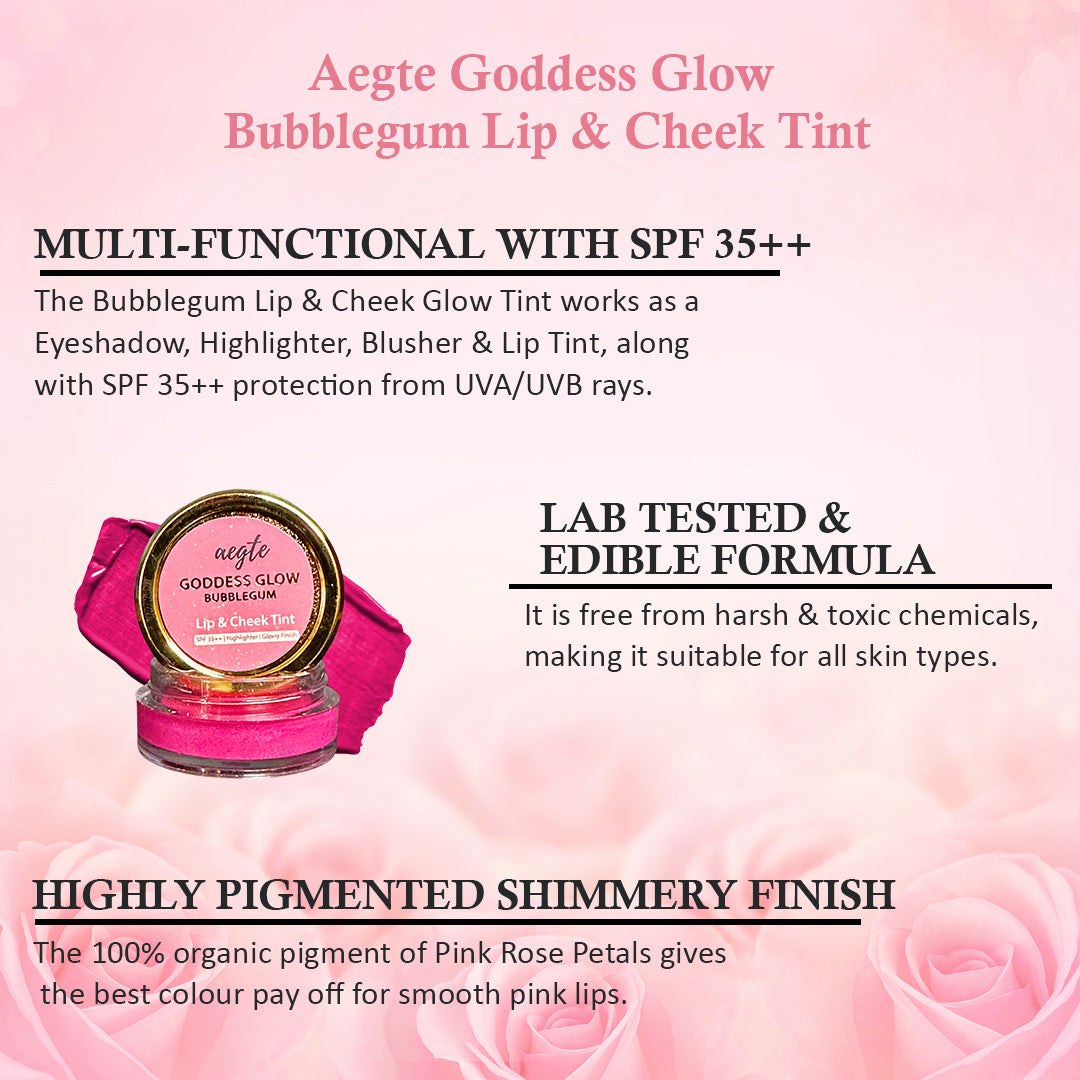 Aegte 4 in 1 Goddess Glow Bubblegum Lip & Cheek Tint Luminous Highlighter & Blusher with SPF 35++ Lightens Dark Lips Lab Certified