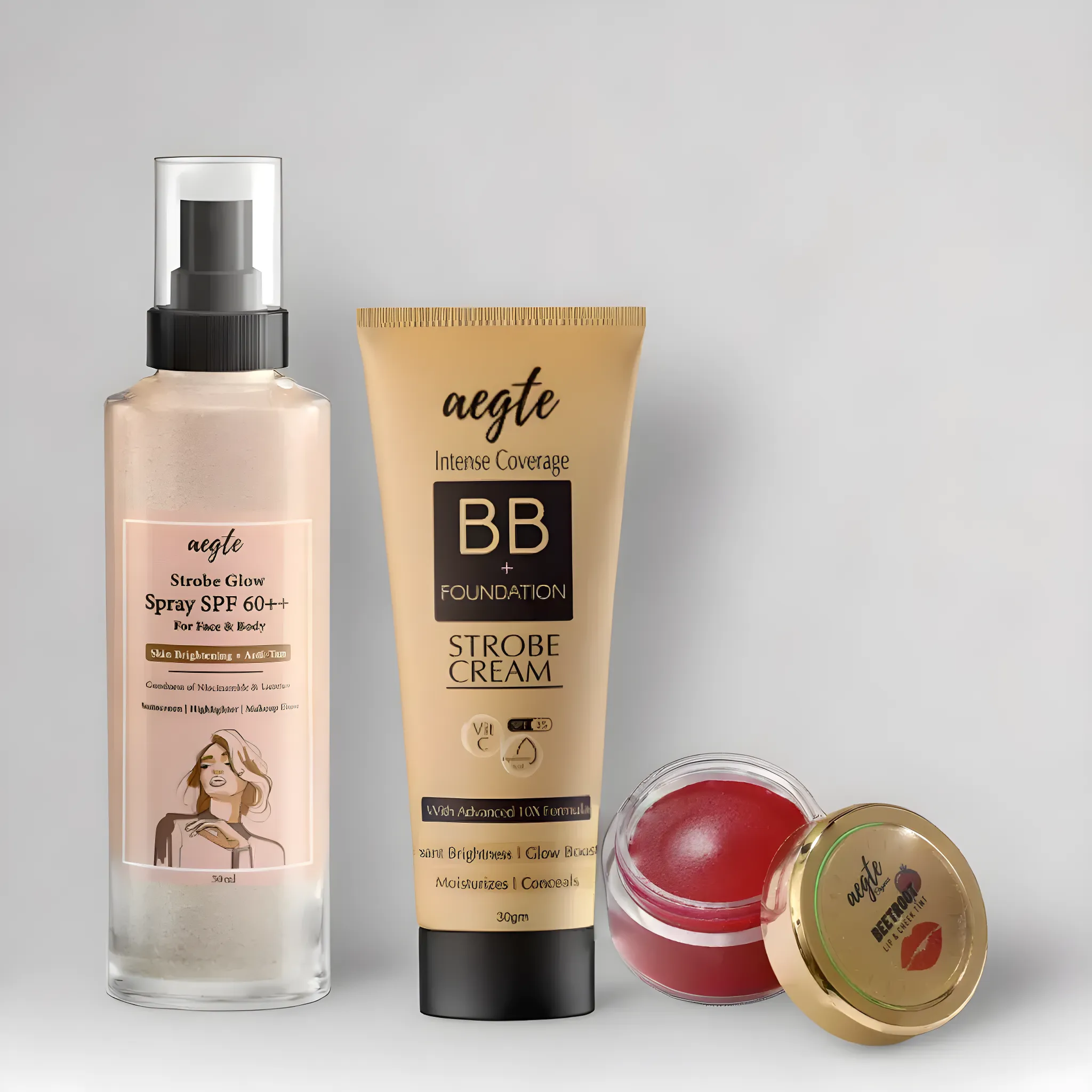 Aegte 3 in 1 Strobe Glow Spray SPF 60++, Intense Coverage BB + Foundation Strobe Cream & Organics Lip and Cheek Tint