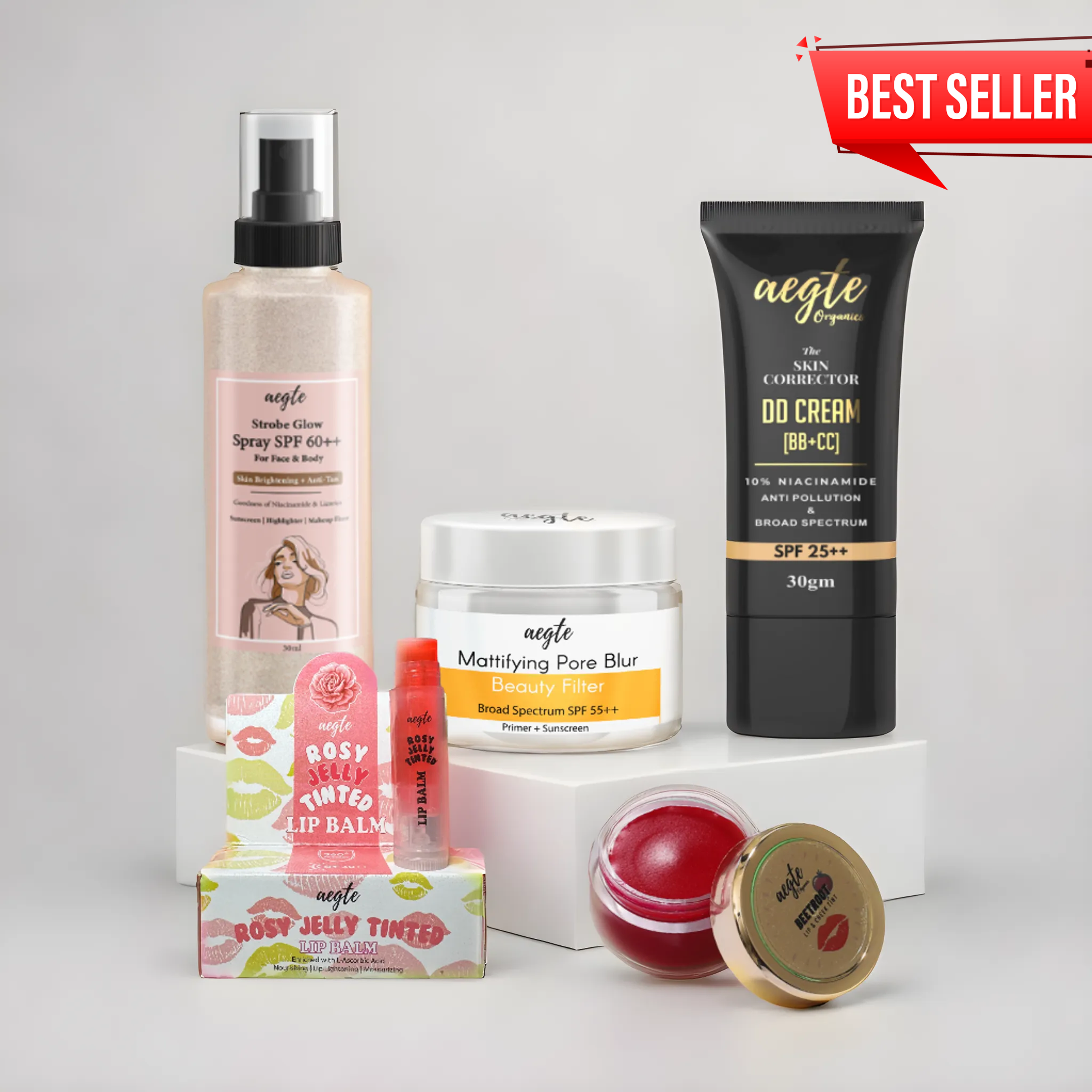 Aegte Organics Lip & Cheek Tint Balm, Skin Corrector DD Cream, 3 in 1 Strobe Glow Spray SPF 60++,  Mattifying Pore Blur Beauty Filter Primer + Sunscreen &  360° Protect Jelly Tinted Lip Lightening Treatment Balm SPF 30++