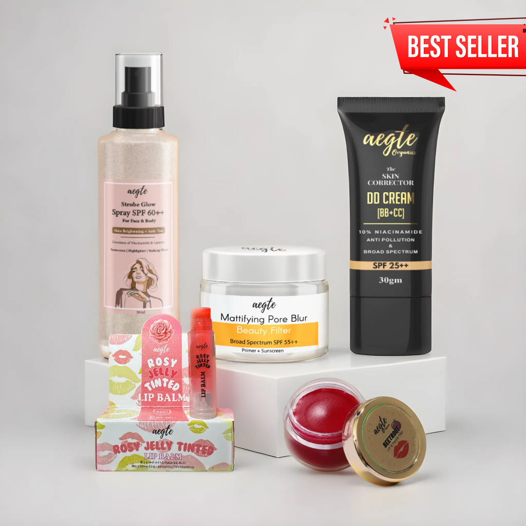 Aegte Organics Lip & Cheek Tint Balm, Skin Corrector DD Cream, 3 in 1 Strobe Glow Spray SPF 60++,  Mattifying Pore Blur Beauty Filter Primer + Sunscreen &  360° Protect Jelly Tinted Lip Lightening Treatment Balm SPF 30++